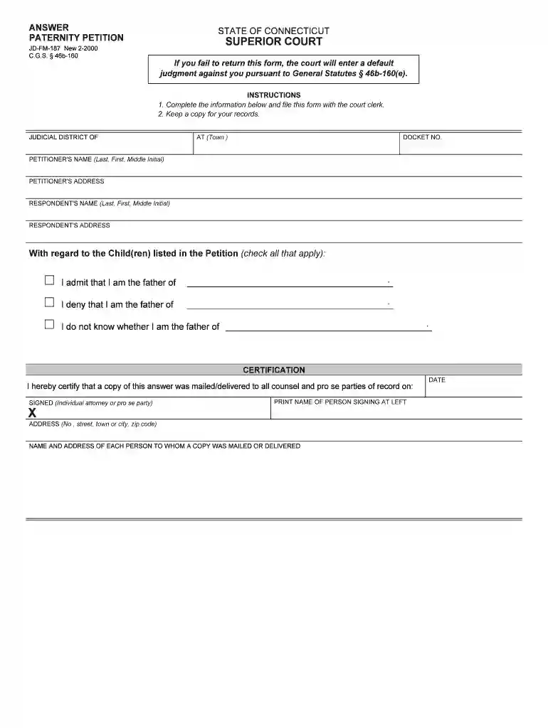ANSWER PATERNITY PETITION - Connecticut Judicial Branch - jud ct Preview on Page 1