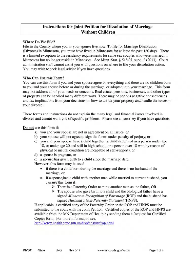 joint petition for dissolution of marriage minnesota 2017-2019 form Preview on Page 1