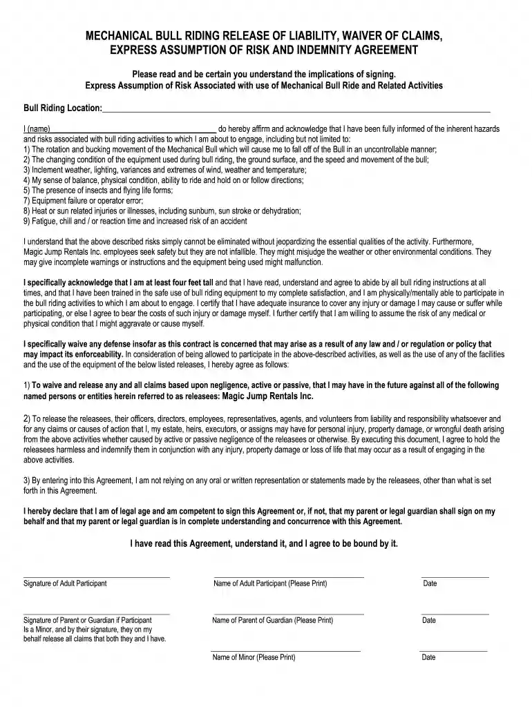 mechanical bull waiver Preview on Page 1