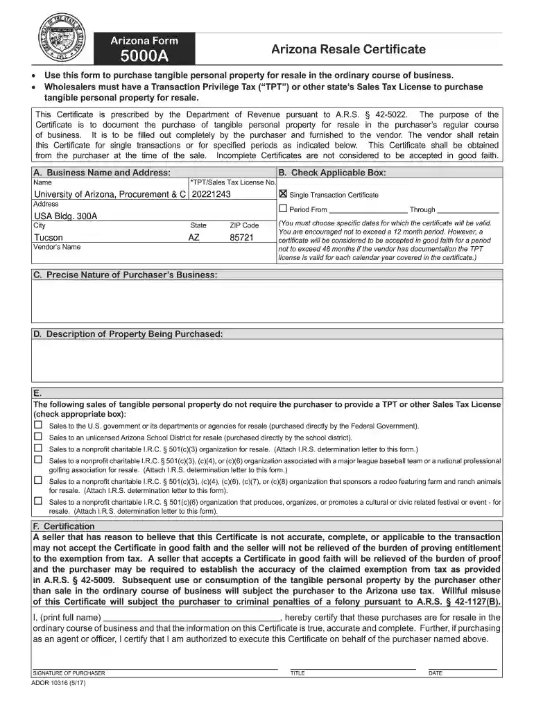 arizona resale certificate Preview on Page 1