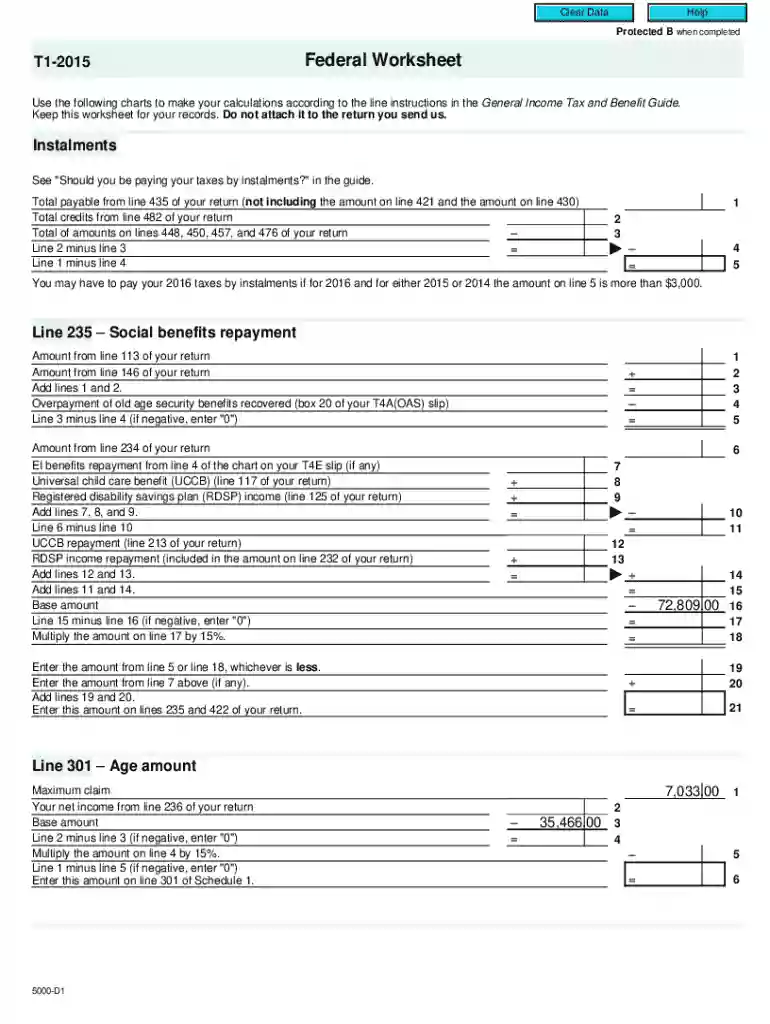 T1-2015 Federal Worksheet Preview on Page 1
