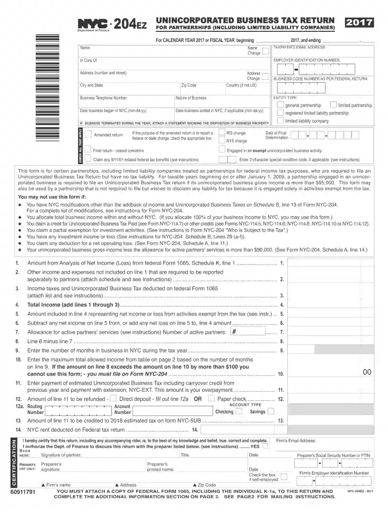 nyc 204 ez instructions 2017 form Preview on Page 1