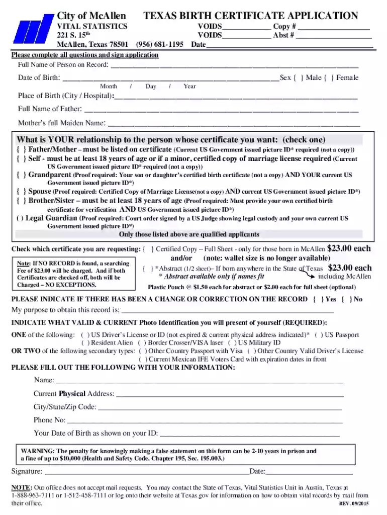texas birth certificate application form Preview on Page 1