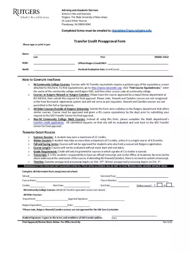 Rutgers Transfer Credit Preapproval Form Preview on Page 1