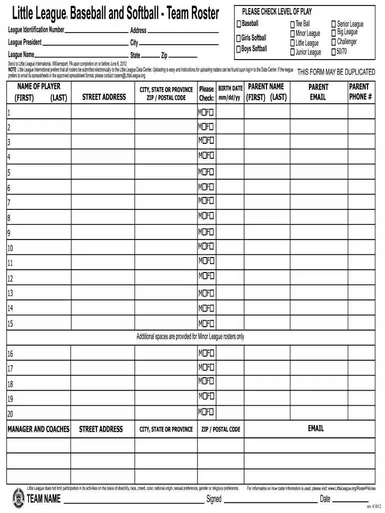 softball team roster form Preview on Page 1
