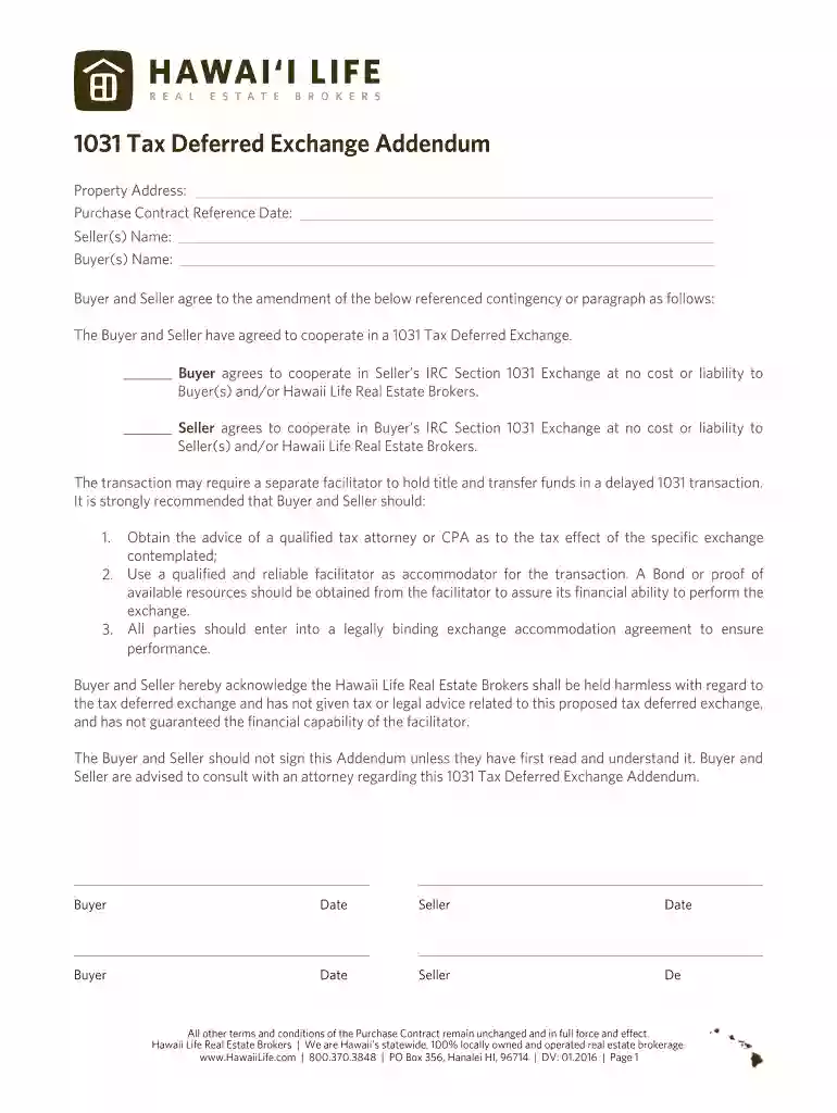 1031 Tax Deferred Exchange Addendum Preview on Page 1