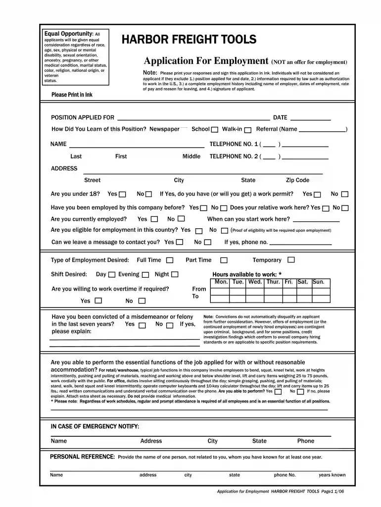 harbor freight job application online Preview on Page 1