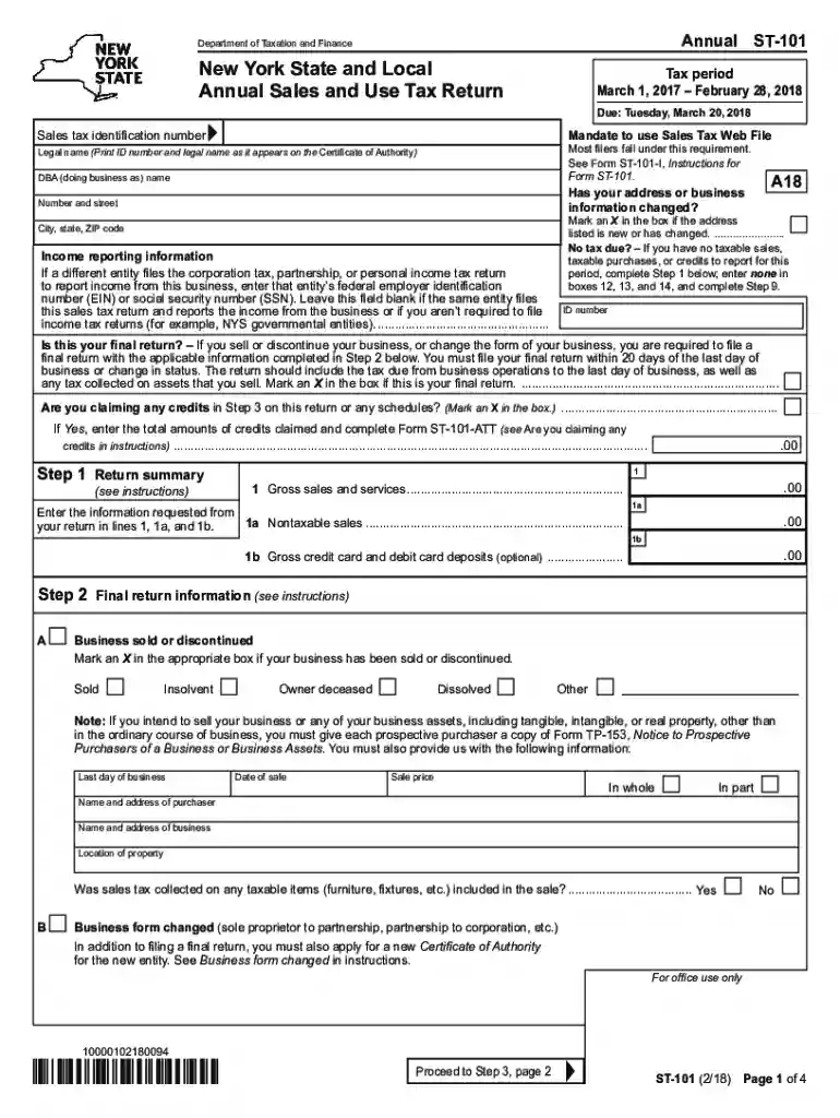 Form ST-101:2 18:New York State and Local Annual Sales and Preview on Page 1