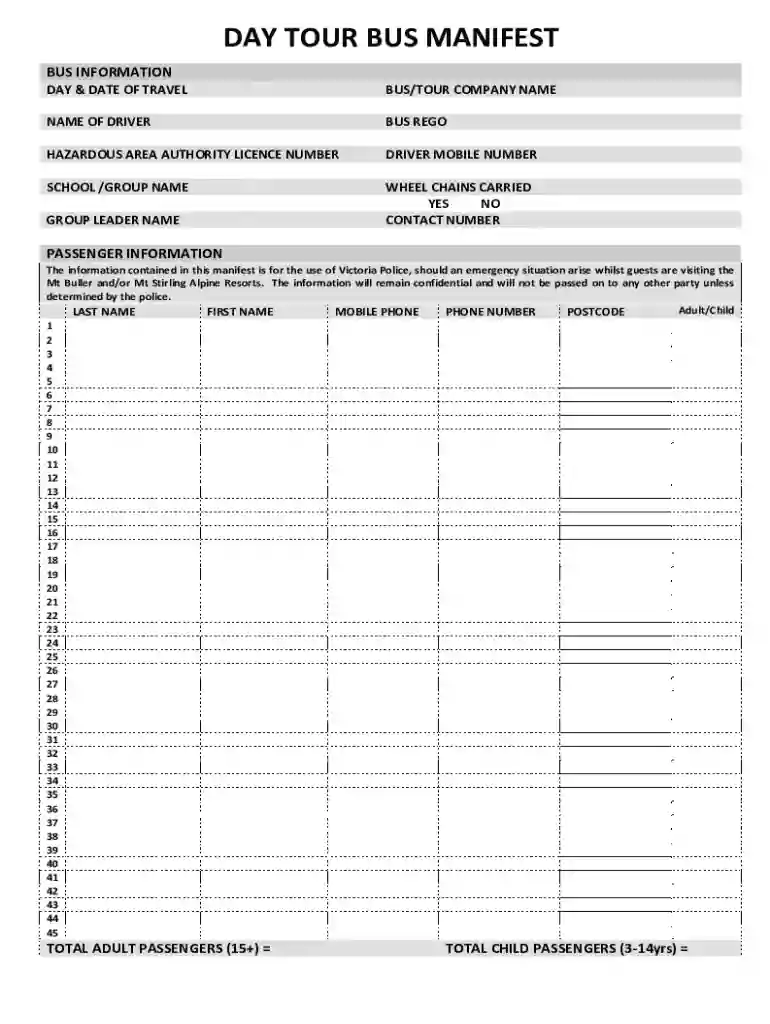 day tour bus manifest Preview on Page 1