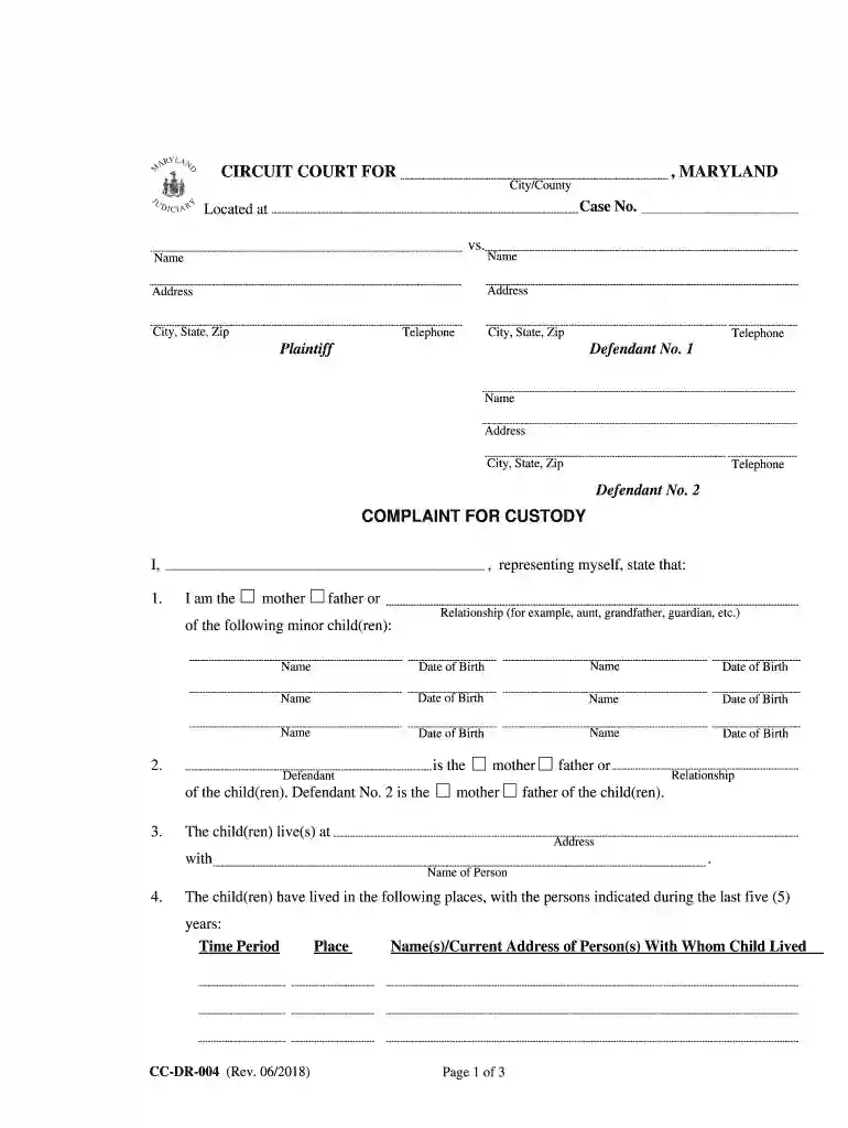COMPLAINT FOR CUSTODY CIRCUIT COURT FOR , MARYLAND Preview on Page 1