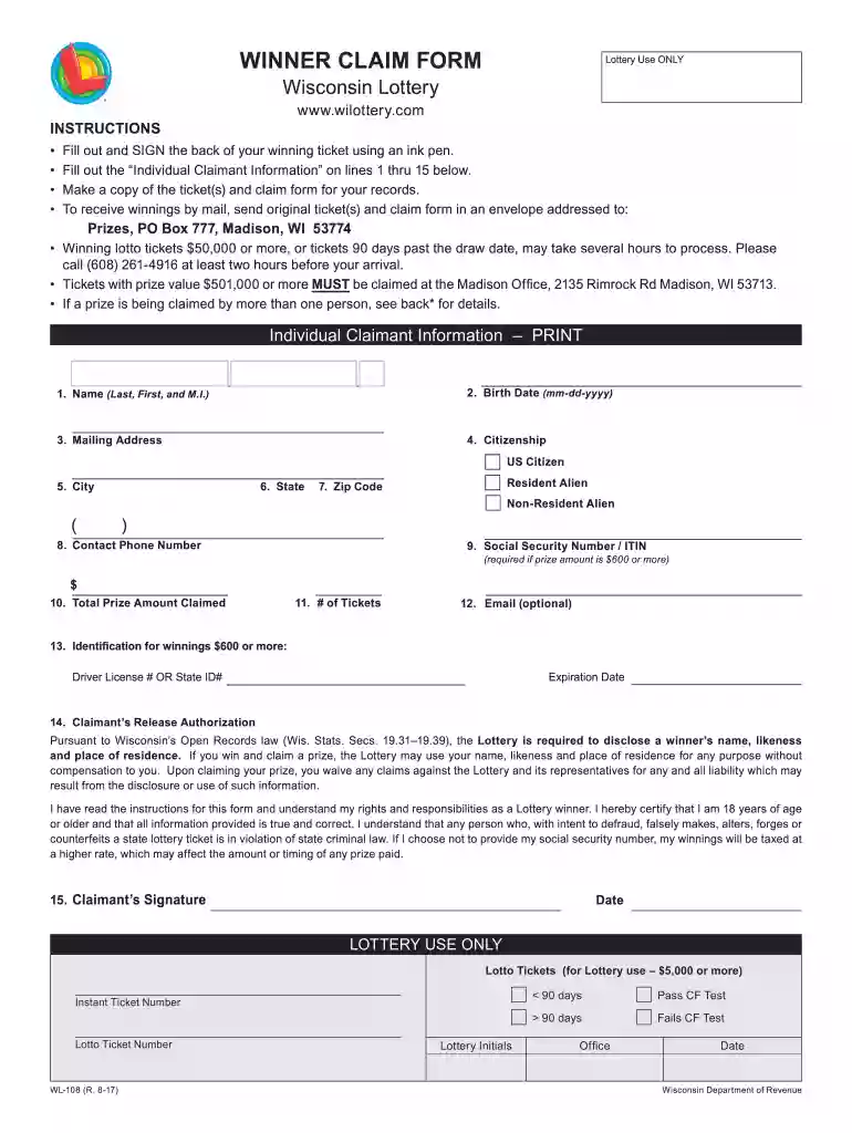 wisconsin lottery claim form Preview on Page 1