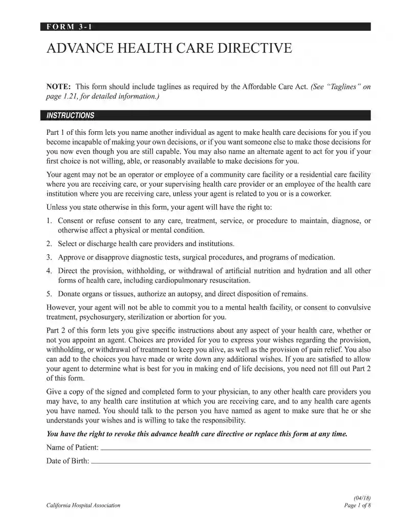 california advance health care directive form 3 1 Preview on Page 1