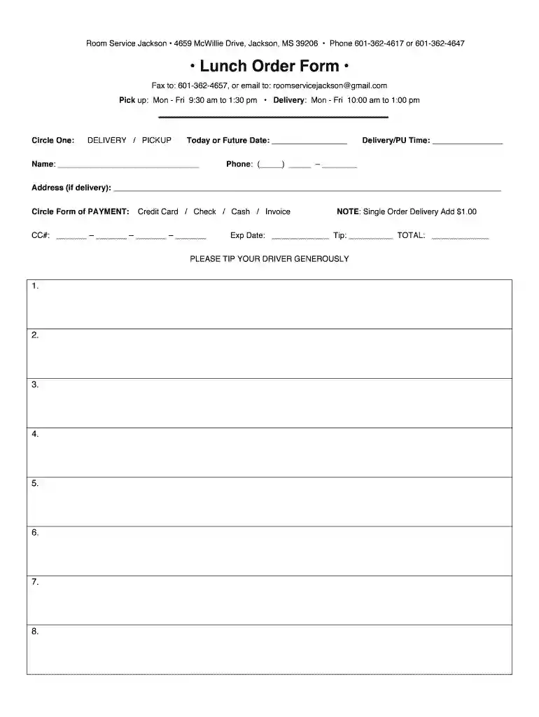 room service order form Preview on Page 1