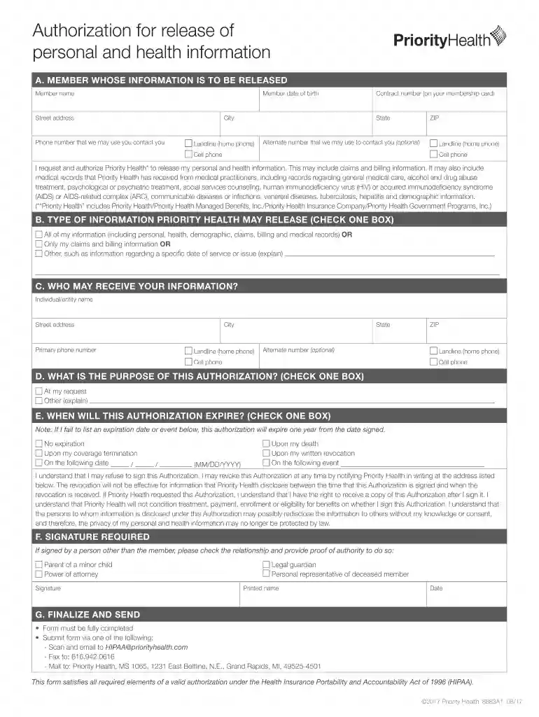 HIPAA Authorization Form - Priority Health Preview on Page 1