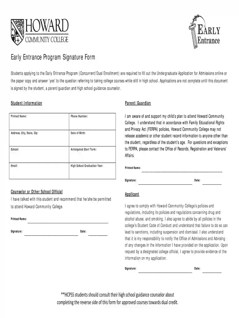 Early Entrance Program Signature Form - Howard Community College - howardcc Preview on Page 1