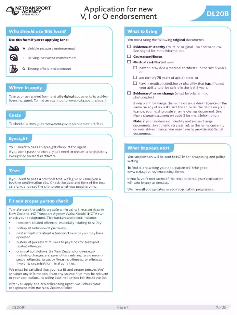 New Zealand DL20B Endorsement Application Form Preview on Page 1