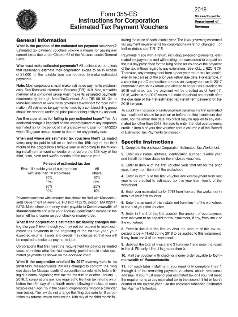 massachusetts department of revenue form 355 es 2018-2019 Preview on Page 1