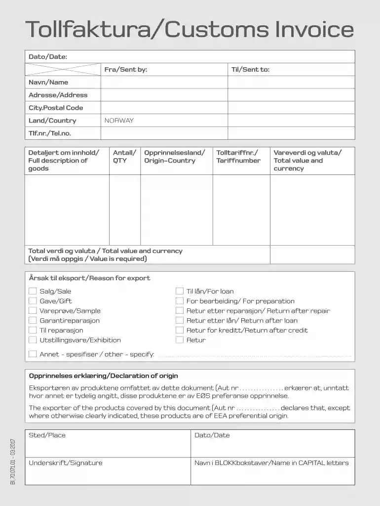 Tollfaktura / Customs Invoice Preview on Page 1