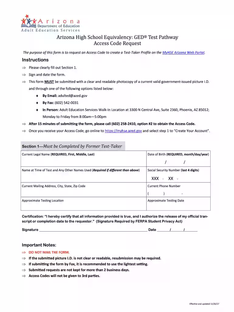 Arizona High School Equivalency: GED Test Pathway Access Code Preview on Page 1