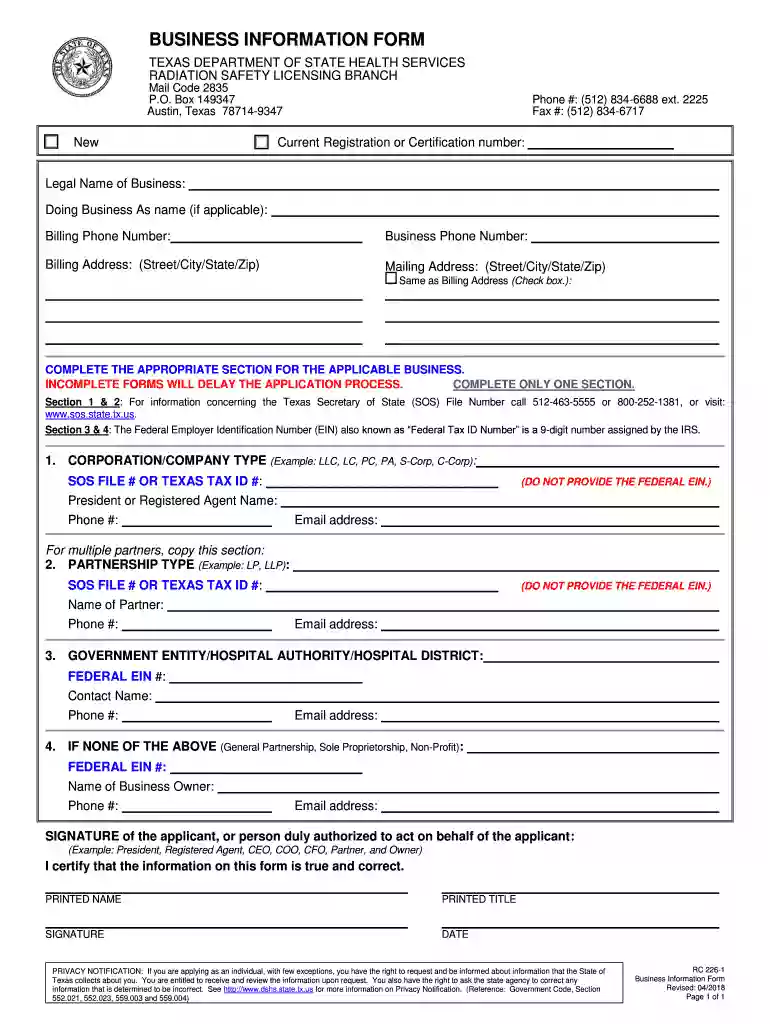 RC 226-1 Business Information Form. The Business Information form provides the legal name of the business, 'doing business as ' name, tax information, the billing address, and signature of the legally responsible person. Preview on Page 1