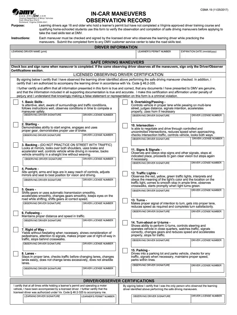 in car maneuvers observation record Preview on Page 1