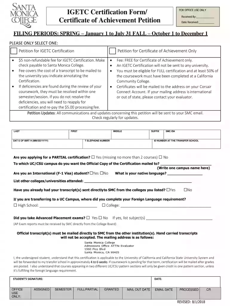 IGETC Certification Form Preview on Page 1