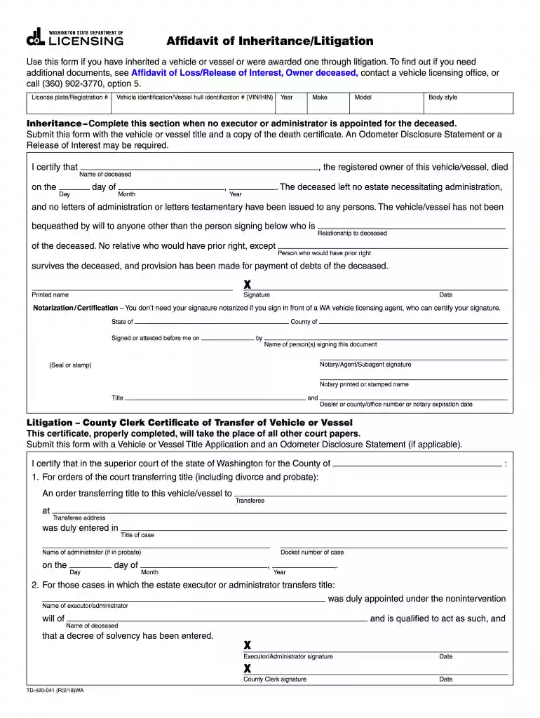 affidavit of inheritance washington state Preview on Page 1