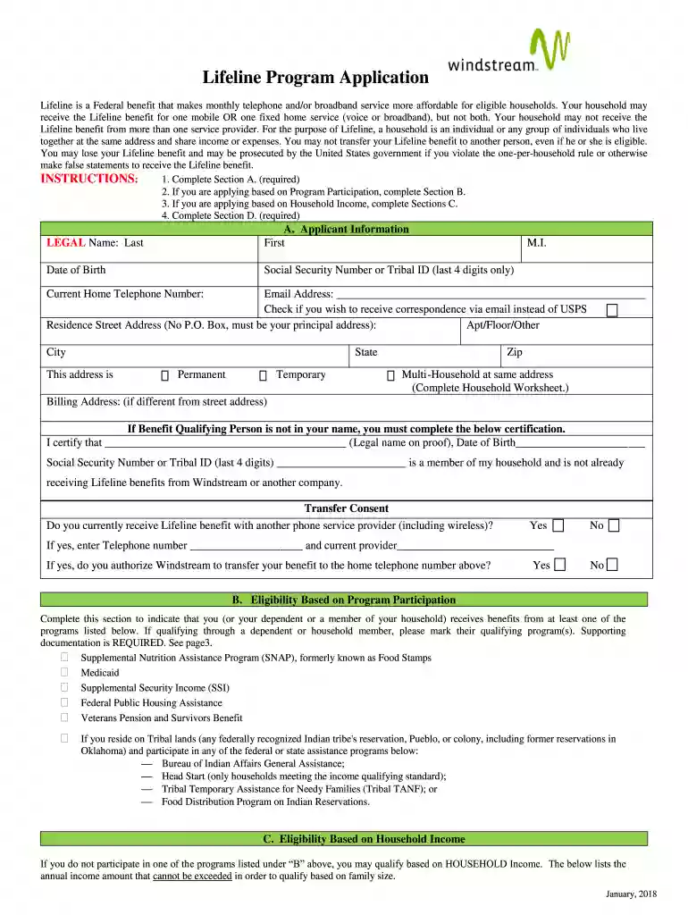 windstream lifeline application form Preview on Page 1