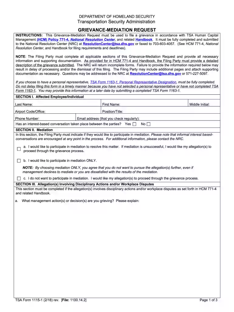 tsa form 415 Preview on Page 1