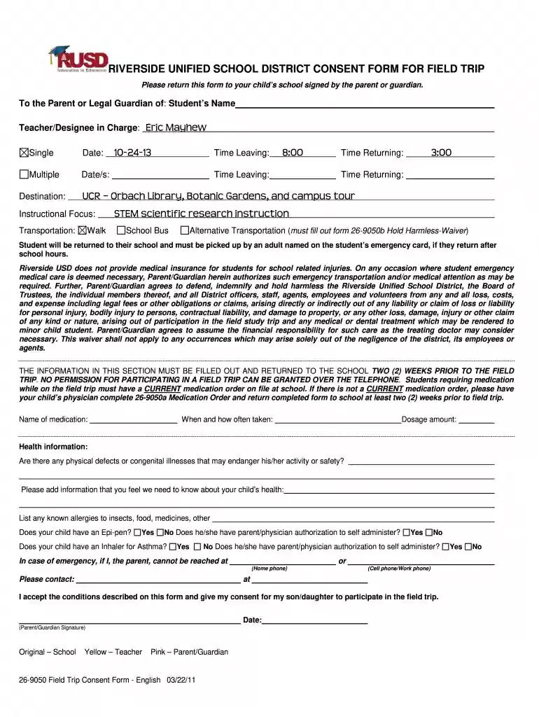 field trip consent form template Preview on Page 1