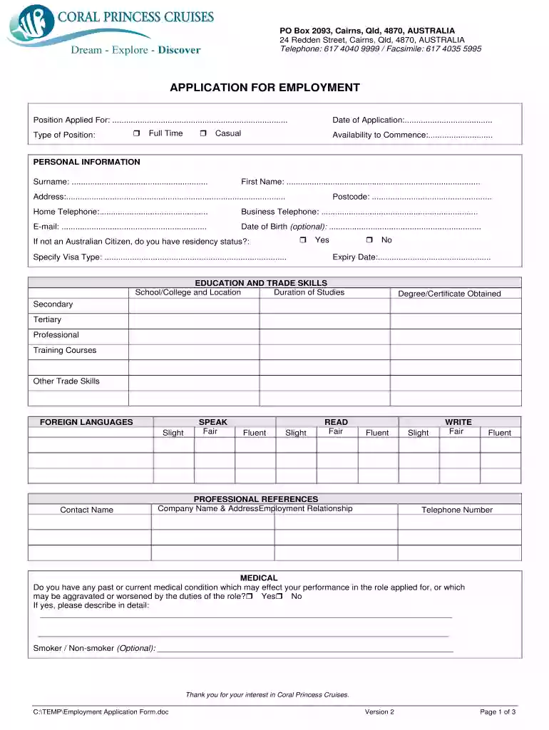 princess cruises job application Preview on Page 1