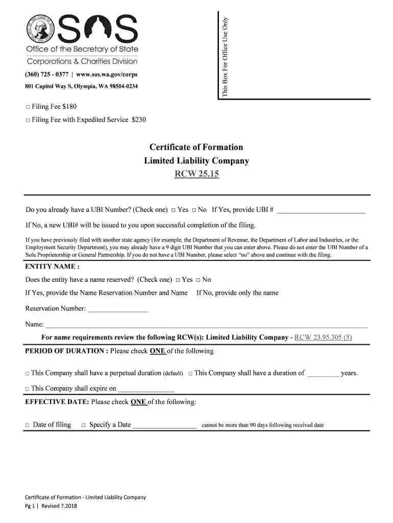 Certificate of Formation - Washington Limited Liability Company Preview on Page 1