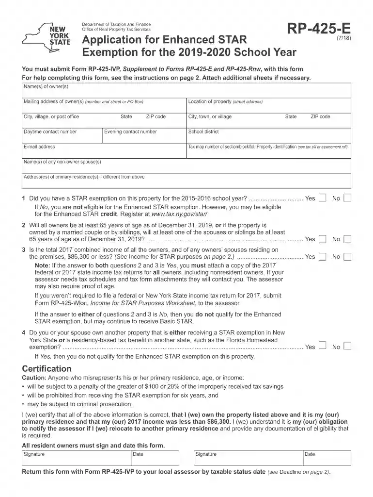 Form RP-425-E:7/18:Application for Enhanced STAR Exemption for the 2019-2020 School Year:rp425e Preview on Page 1
