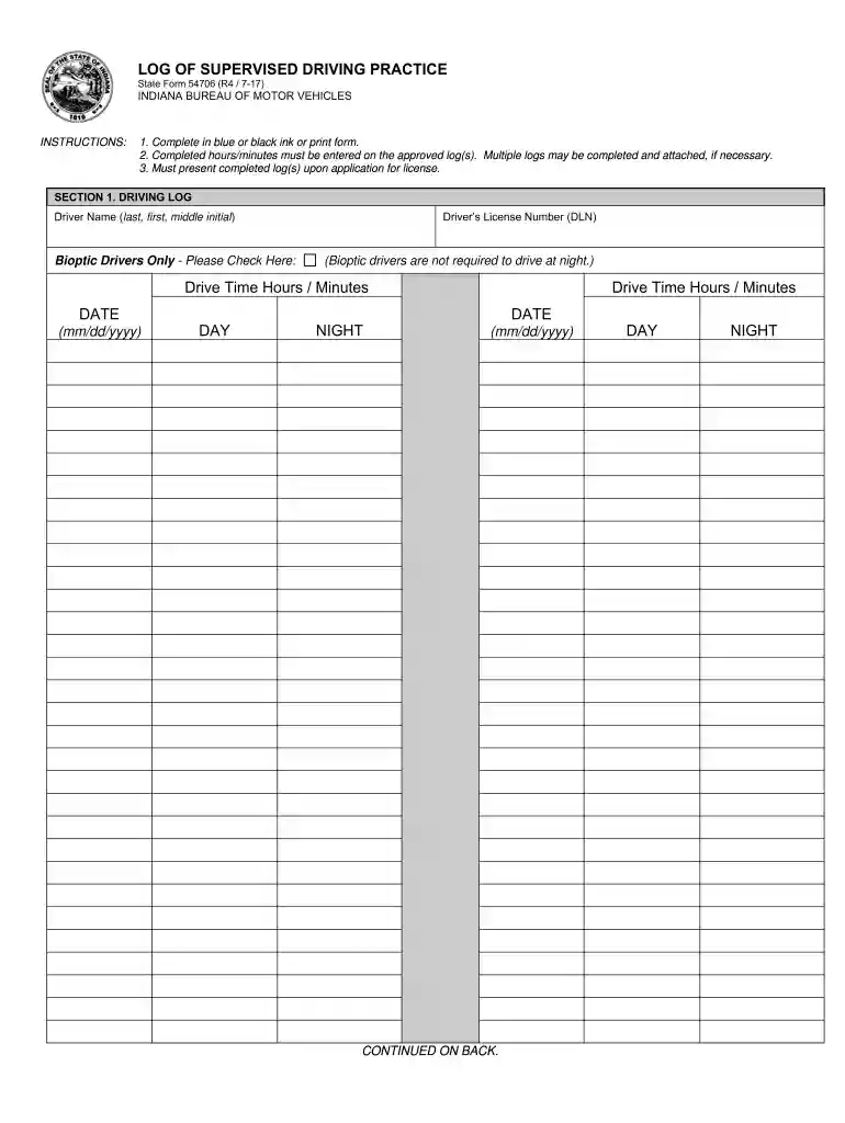 50 hour driving log filled out indiana Preview on Page 1