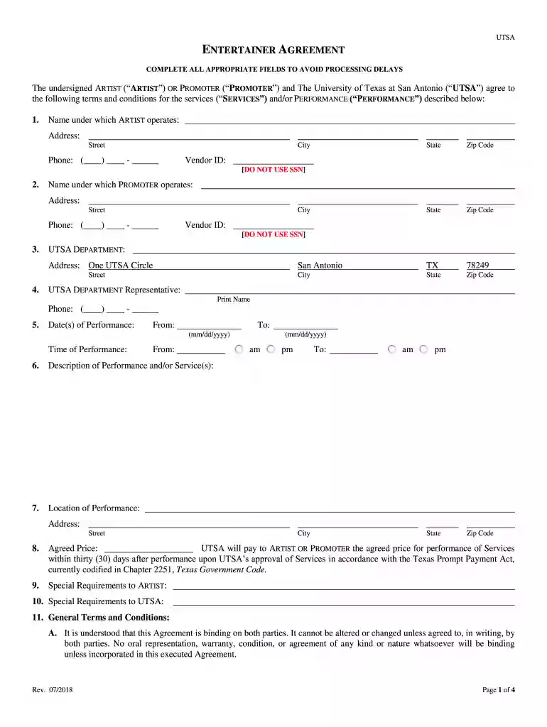 Entertainer, Artist, and Promoter Agreement - UTSA Preview on Page 1