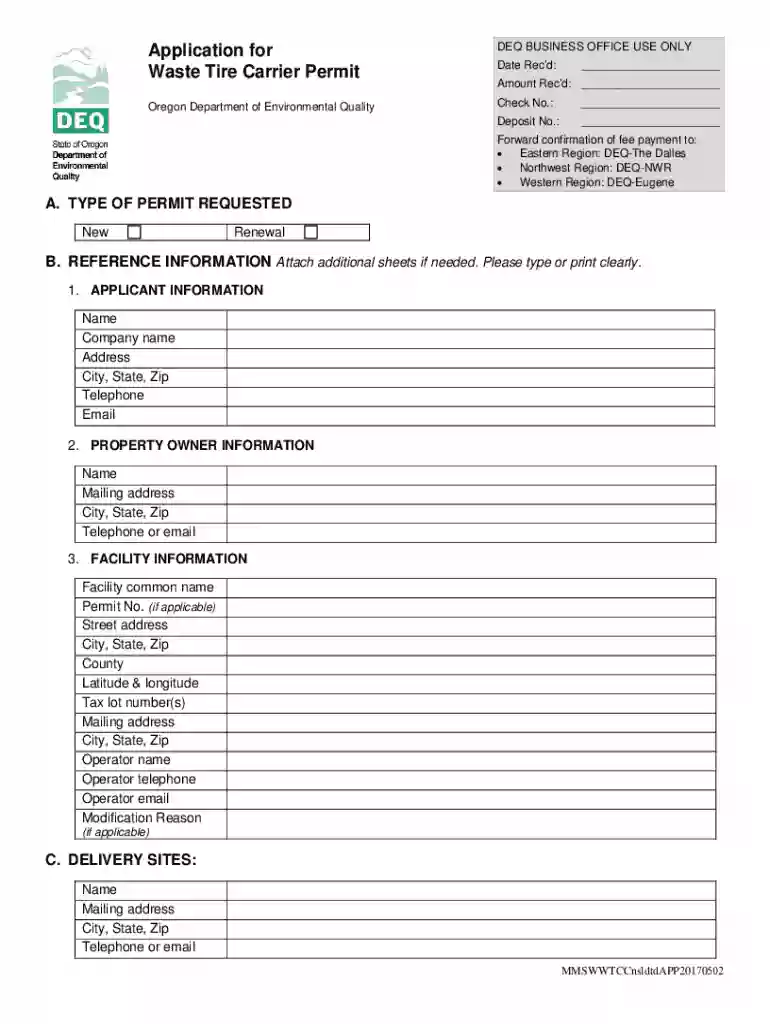 2017 OR Application for Waste Tire Carrier Permit Preview on Page 1