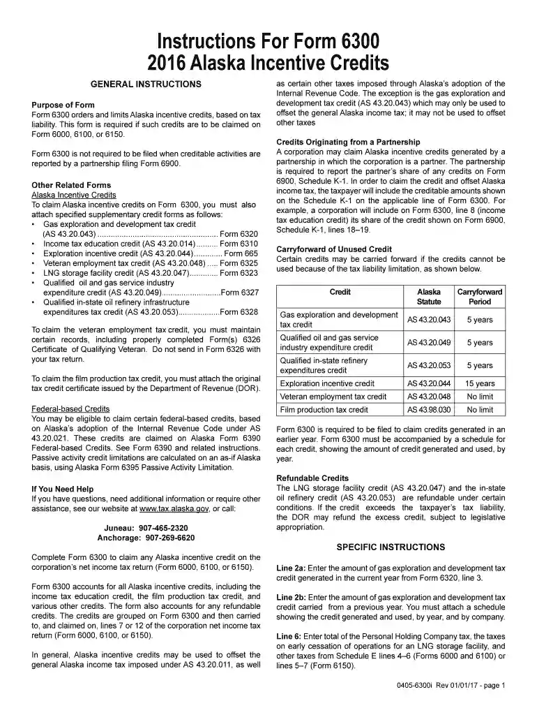Instructions For Form 6300 2016 Alaska Incentive Credits Preview on Page 1