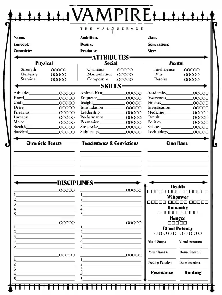 vampire the masquerade character sheet Preview on Page 1