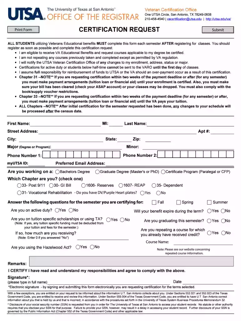 UTSA Veteran Certification Request Certification Request Preview on Page 1