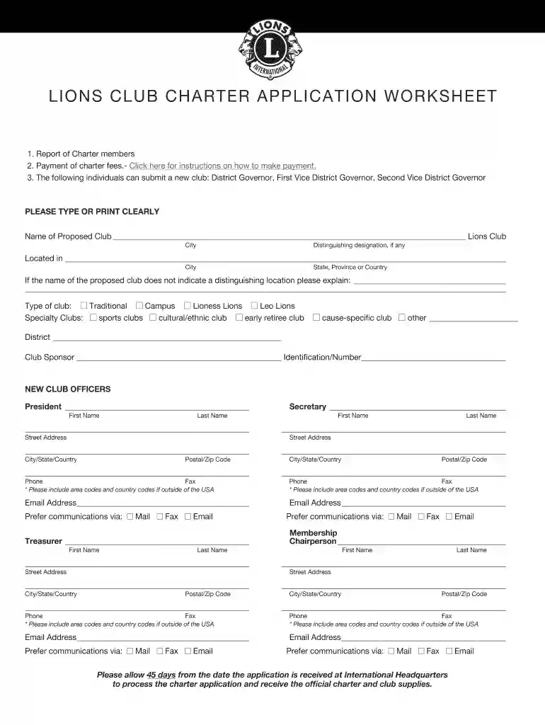 LIO NS CLUB CHA RT ER A P P L I C A T I O N W O R K S H EET Preview on Page 1