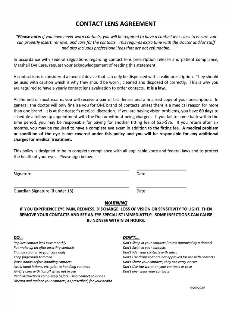 contact lens prescription signed acknowledgment form Preview on Page 1