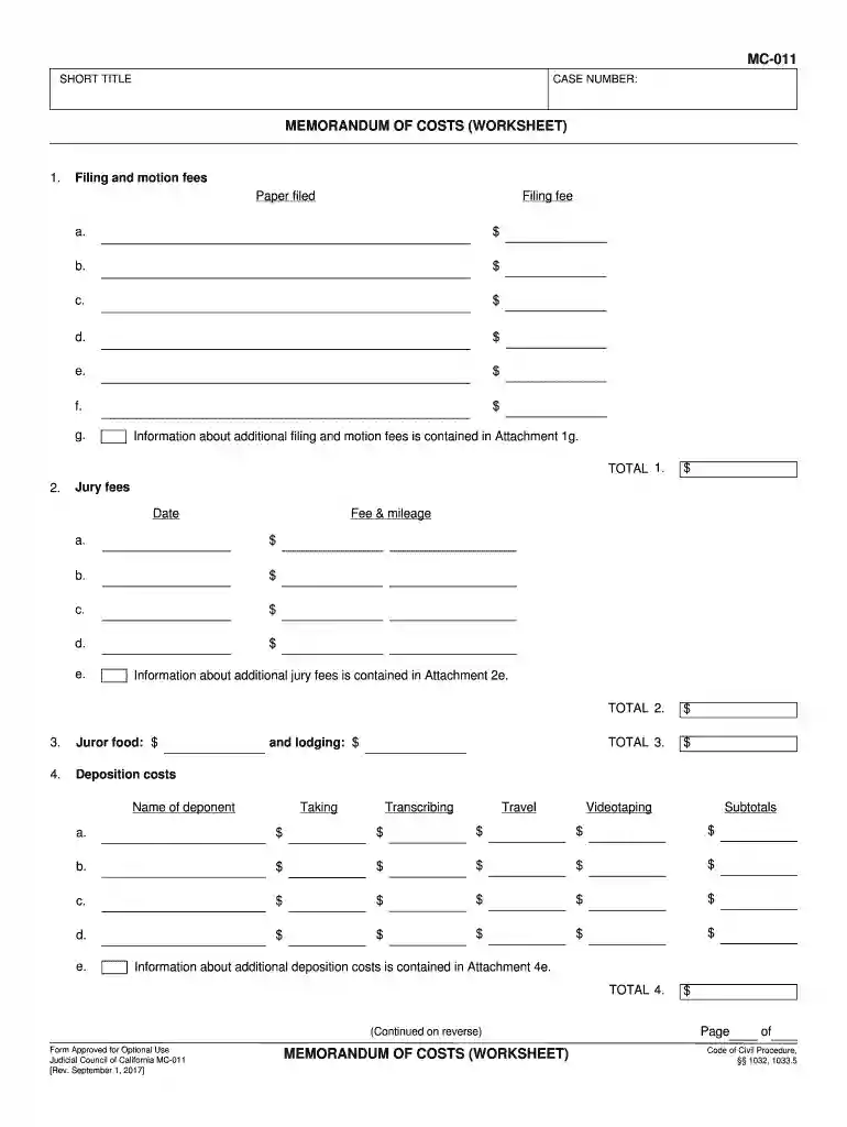 memorandum of costs worksheet Preview on Page 1