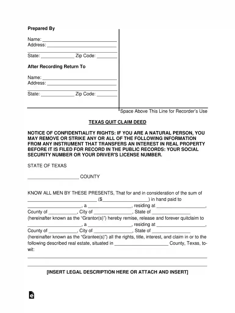 Texas Quit Claim Deed Form Preview on Page 1