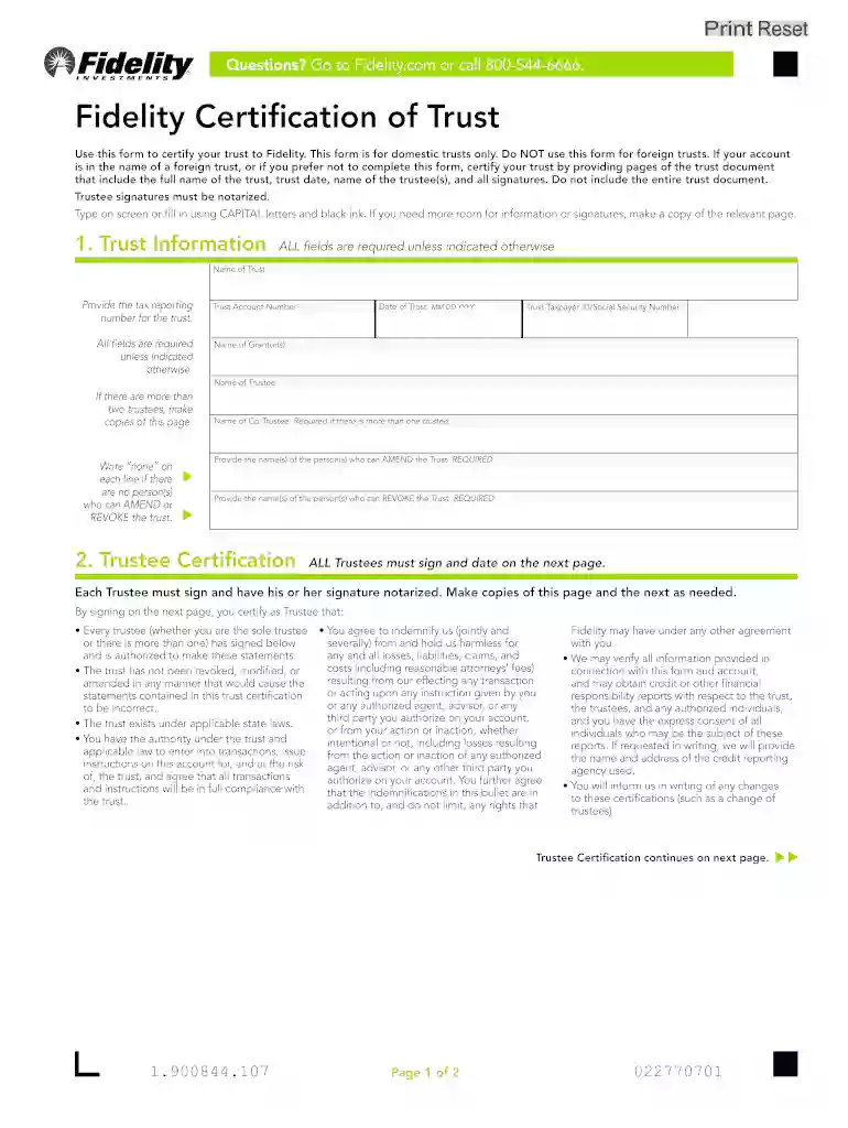 certification of trust form Preview on Page 1