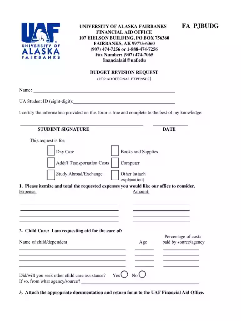 University of Alaska Fairbanks Budget Revision Request Preview on Page 1