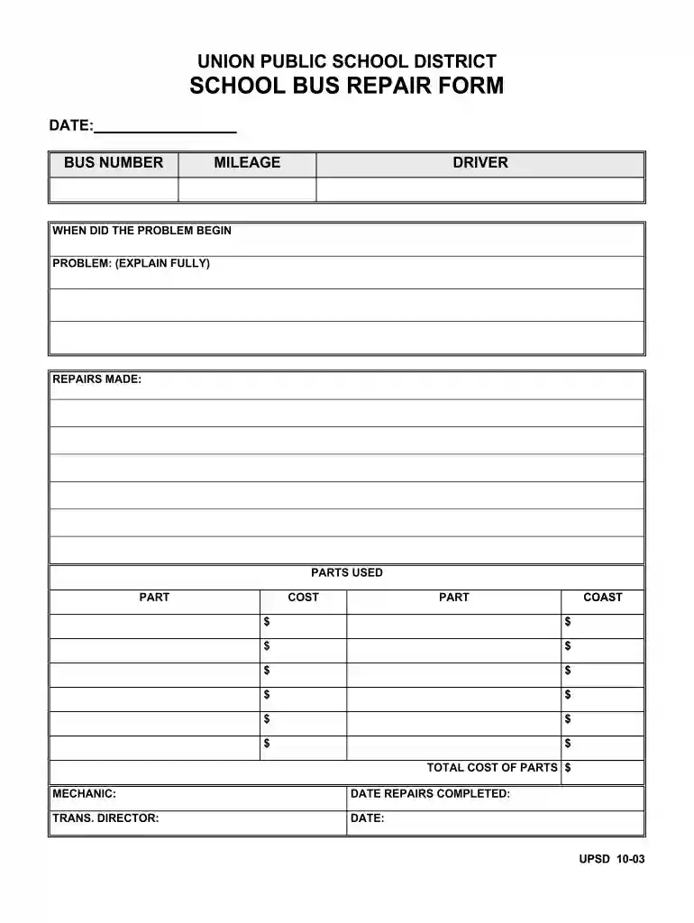 bus repair form Preview on Page 1