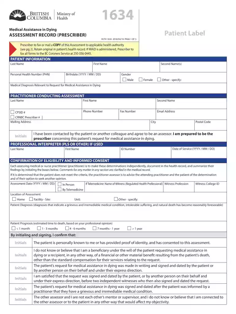 Medical Assistance in Dying Assessment Record (Prescriber) Medical Assistance in Dying Assessment Re Preview on Page 1