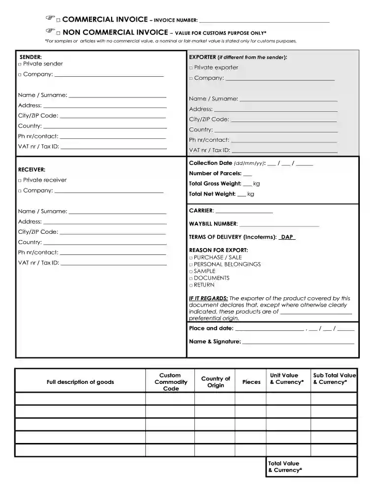 non commercial invoice template Preview on Page 1