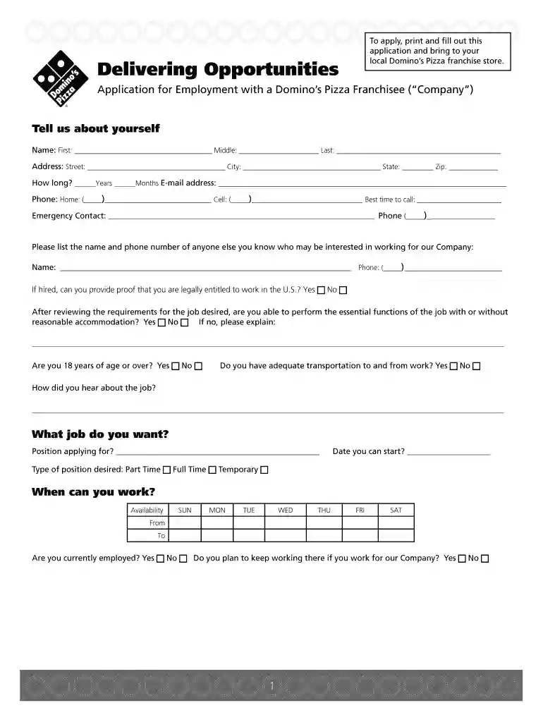 domino's pizza job application Preview on Page 1