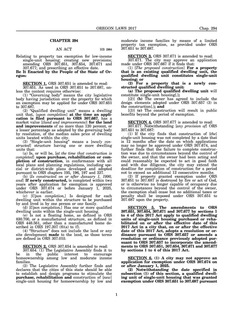 2017 OR LAWS Chapter 294 Preview on Page 1